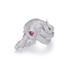 Skull With Snake In Mouth With Shiny Clear CZ Ring